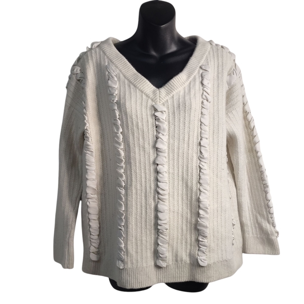 Club Monaco Women's Ivory Crepe Trim Knit Woven Detail V-Neck Sweater Size M